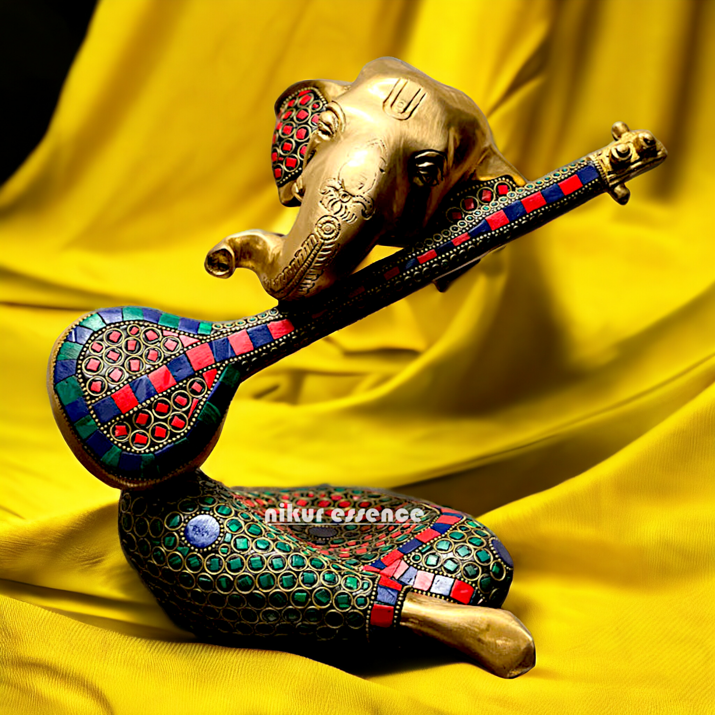 Brass Ganesha Playing Veena with Stone work idol - 10.5 inches Nikuressence