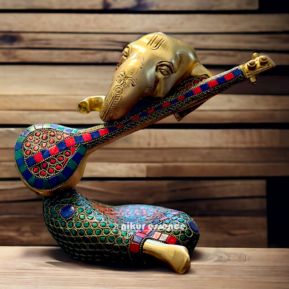 Brass Ganesha Playing Veena with Stone work idol - 10.5 inches Nikuressence