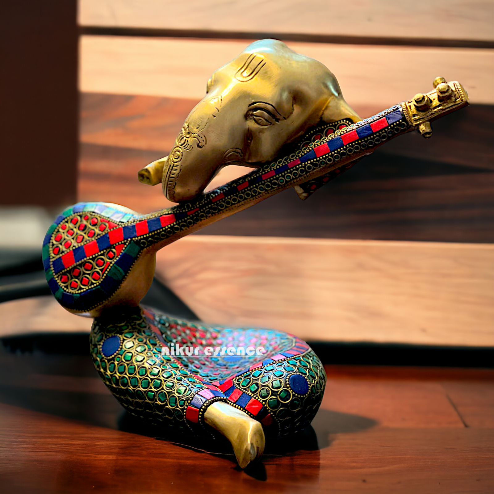 Brass Ganesha Playing Veena with Stone work idol - 10.5 inches Nikuressence