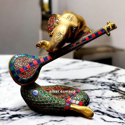 Brass Ganesha Playing Veena with Stone work idol - 10.5 inches Nikuressence