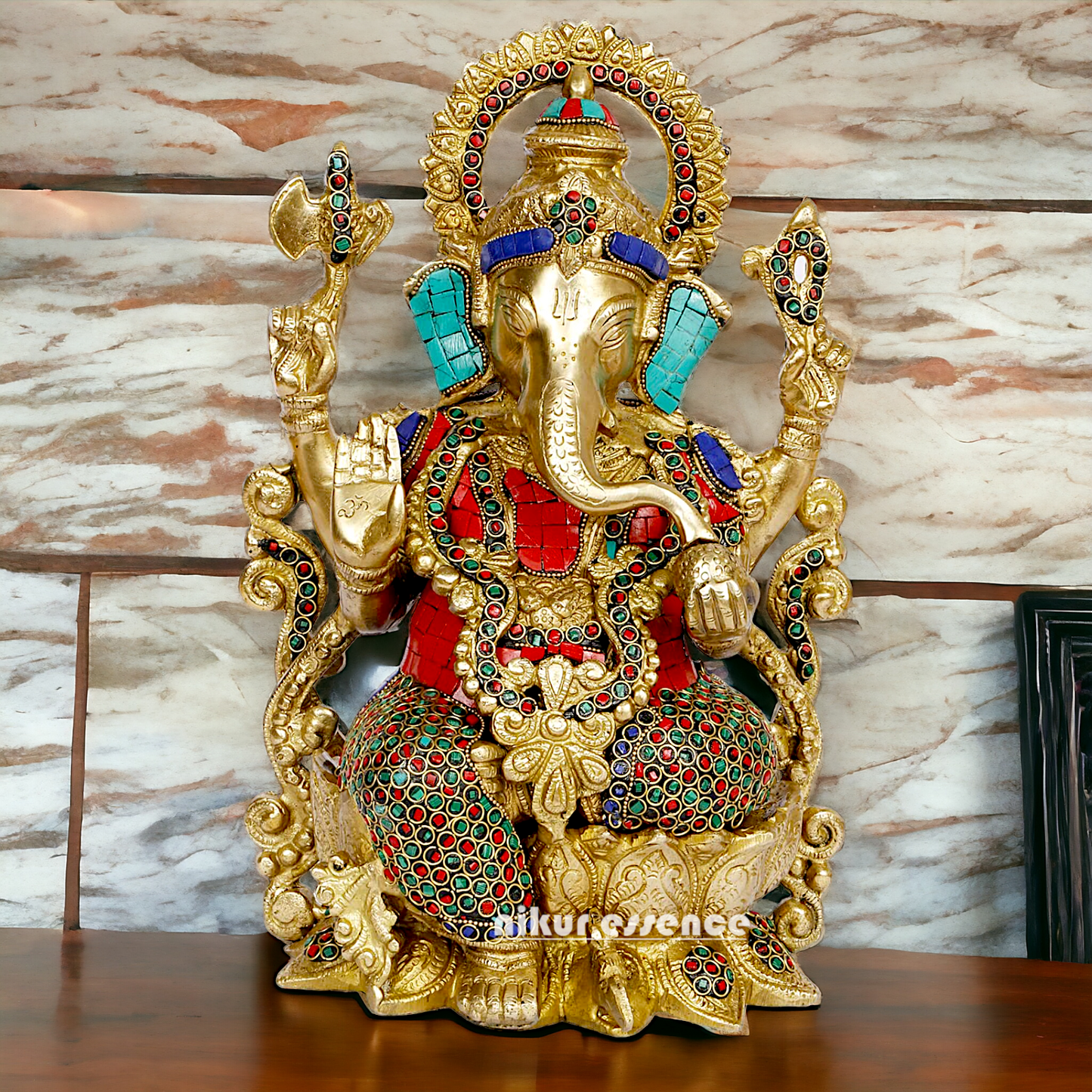 Buy Ganesha seated on Lotus Brass with Stone Work idol - 12 inches Nikuressence