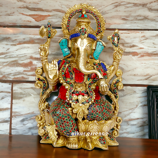 Buy Ganesha seated on Lotus Brass with Stone Work idol - 12 inches Nikuressence