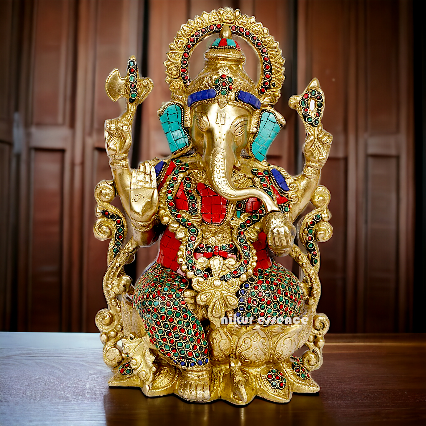 Buy Ganesha seated on Lotus Brass with Stone Work idol - 12 inches Nikuressence