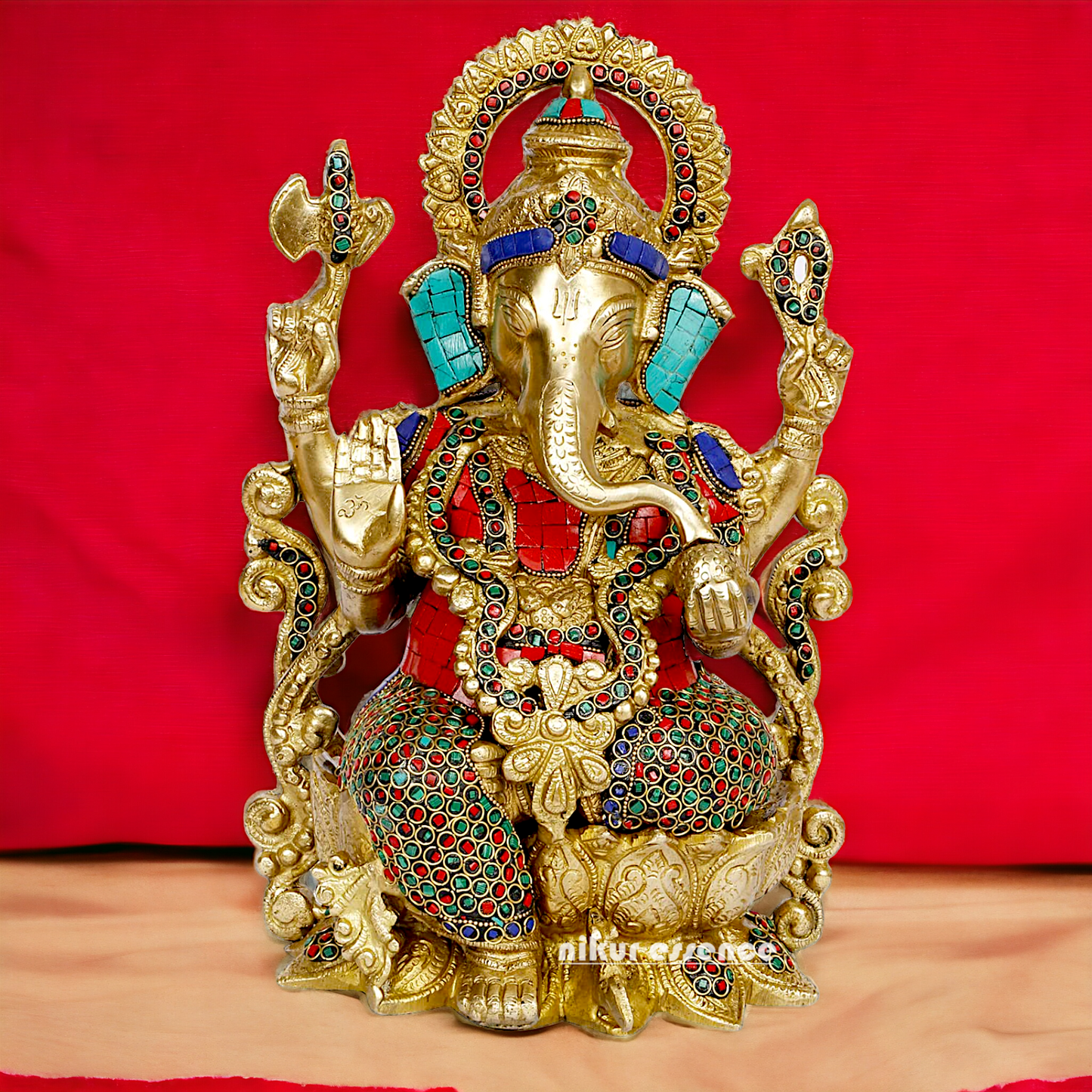 Buy Ganesha seated on Lotus Brass with Stone Work idol - 12 inches Nikuressence