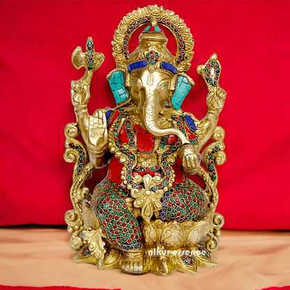 Buy Ganesha seated on Lotus Brass with Stone Work idol - 12 inches Nikuressence
