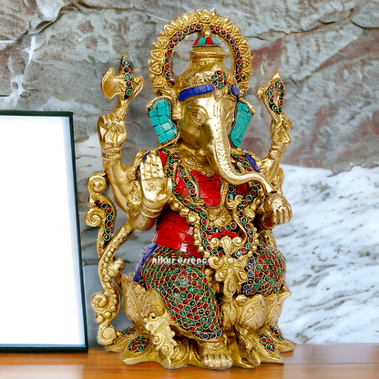 Buy Ganesha seated on Lotus Brass with Stone Work idol - 12 inches Nikuressence
