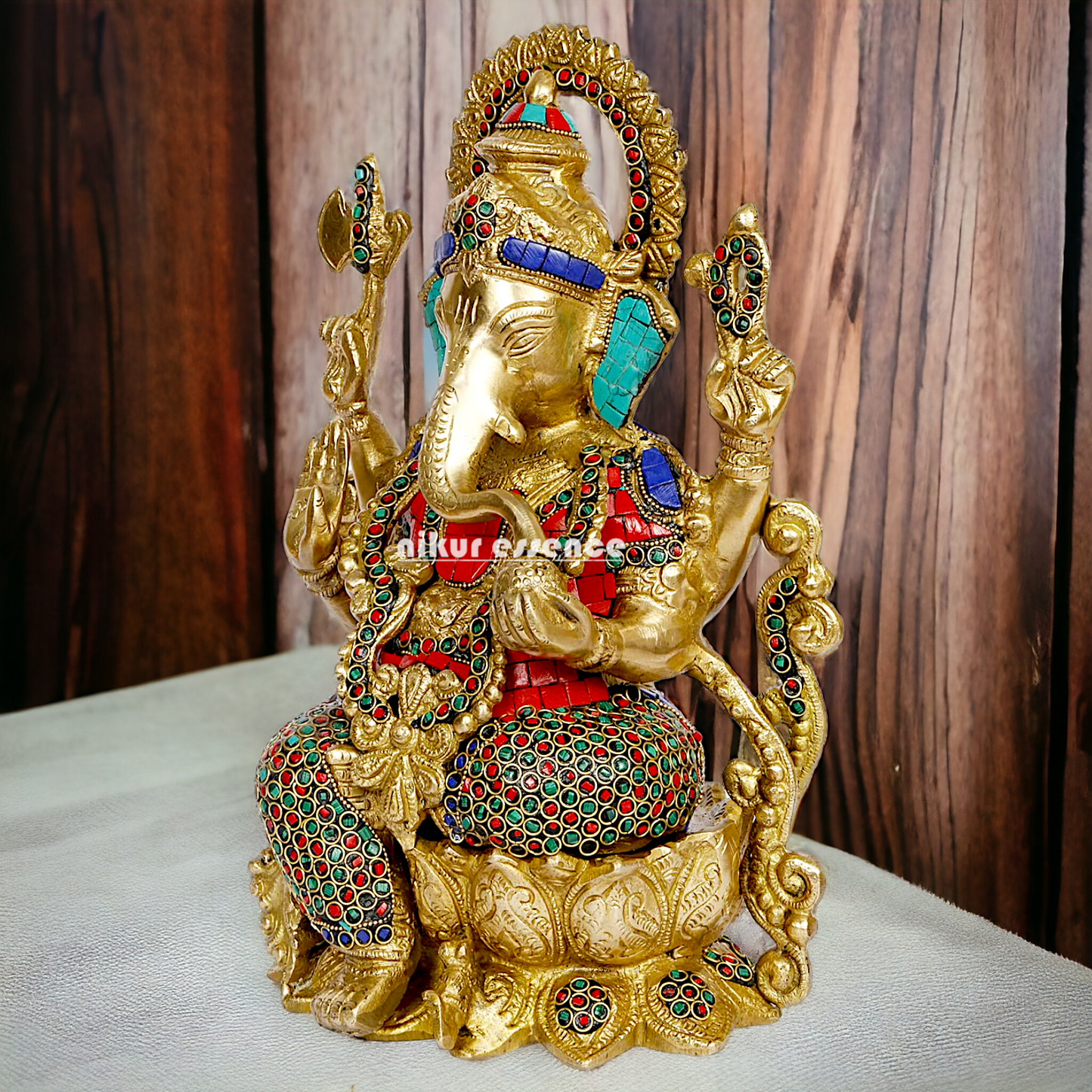 Buy Ganesha seated on Lotus Brass with Stone Work idol - 12 inches Nikuressence