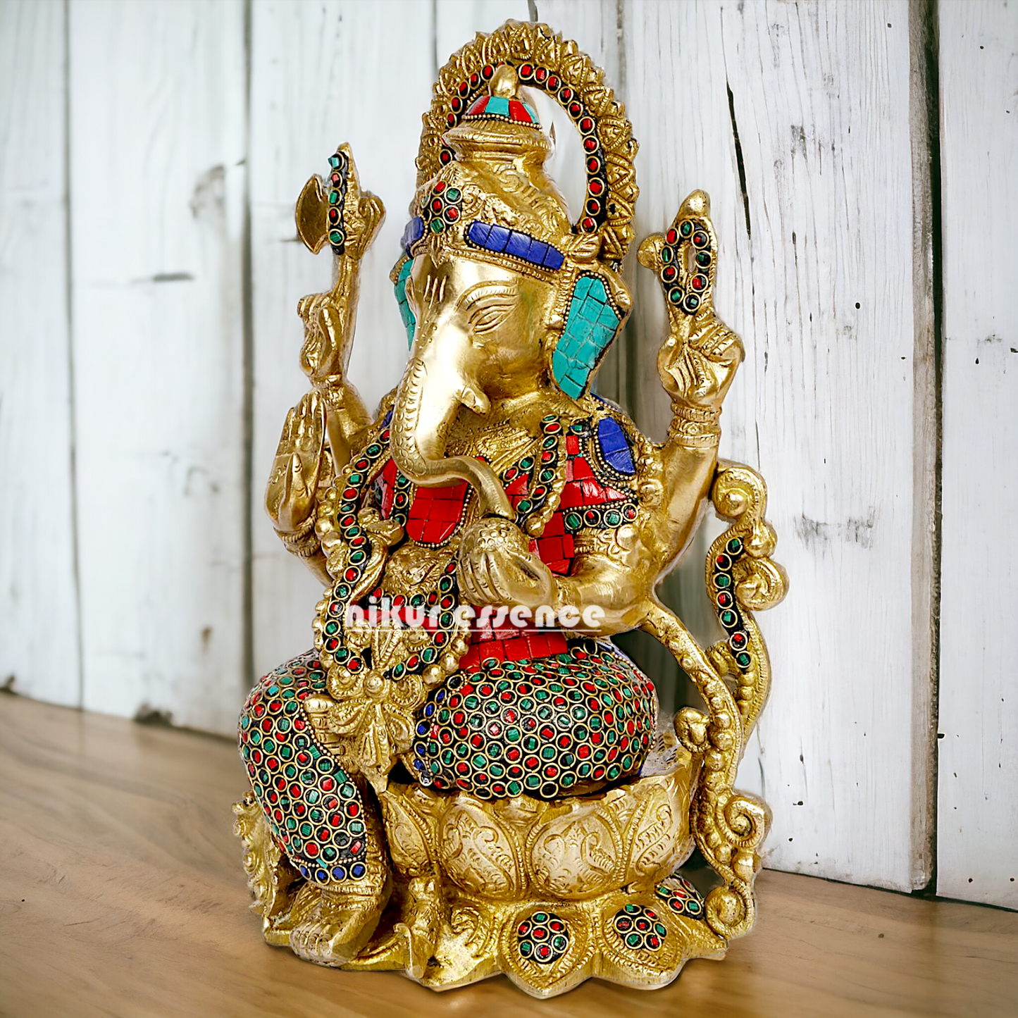 Buy Ganesha seated on Lotus Brass with Stone Work idol - 12 inches Nikuressence