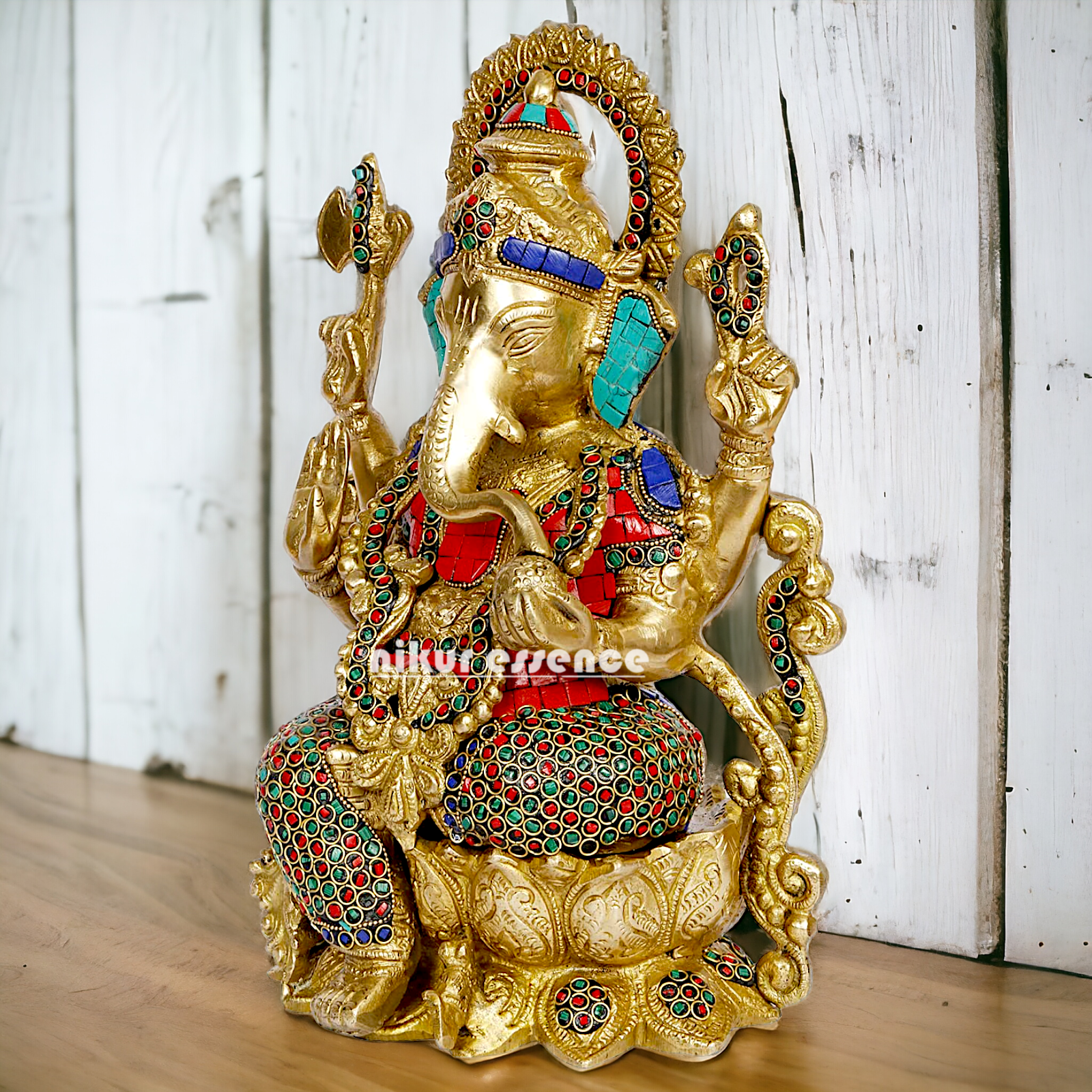 Buy Ganesha seated on Lotus Brass with Stone Work idol - 12 inches Nikuressence