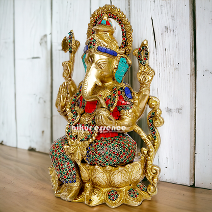 Buy Ganesha seated on Lotus Brass with Stone Work idol - 12 inches Nikuressence