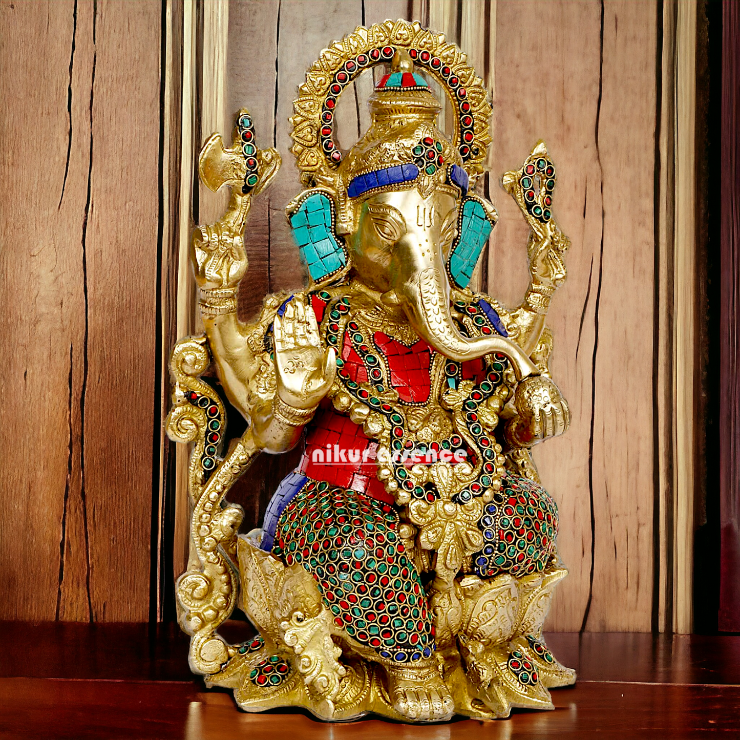 Buy Ganesha seated on Lotus Brass with Stone Work idol - 12 inches Nikuressence