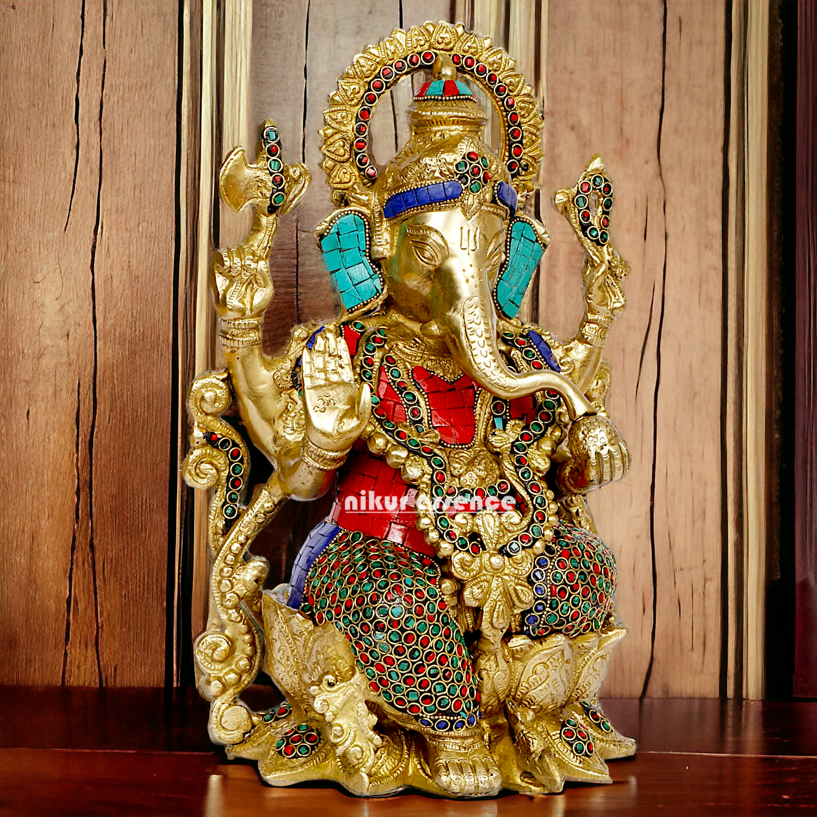 Buy Ganesha seated on Lotus Brass with Stone Work idol - 12 inches Nikuressence