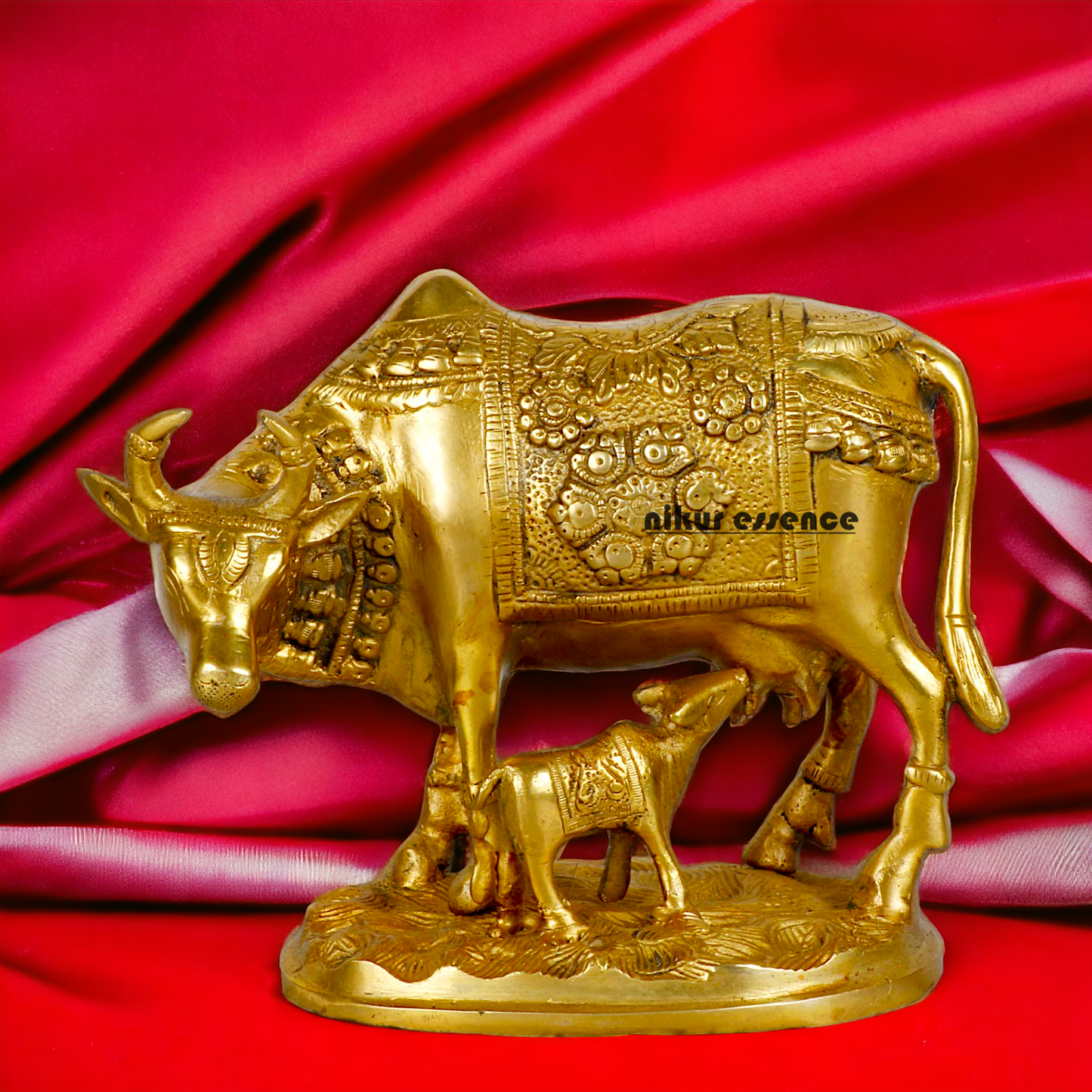 Pure Brass kamadhenu Cow with Calf Idol - 8 inches Nikuressence
