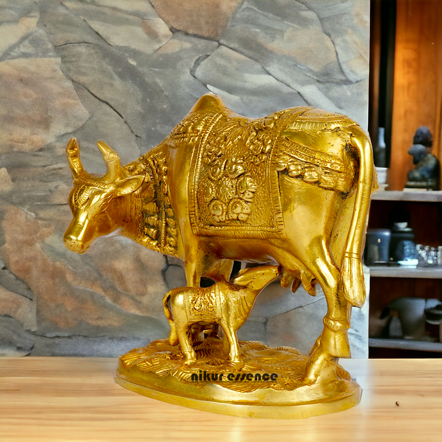 Pure Brass kamadhenu Cow with Calf Idol - 8 inches Nikuressence
