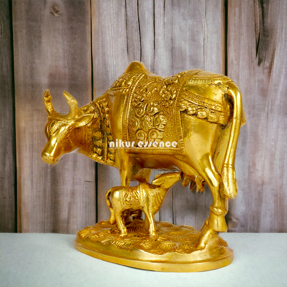 Pure Brass kamadhenu Cow with Calf Idol - 8 inches Nikuressence