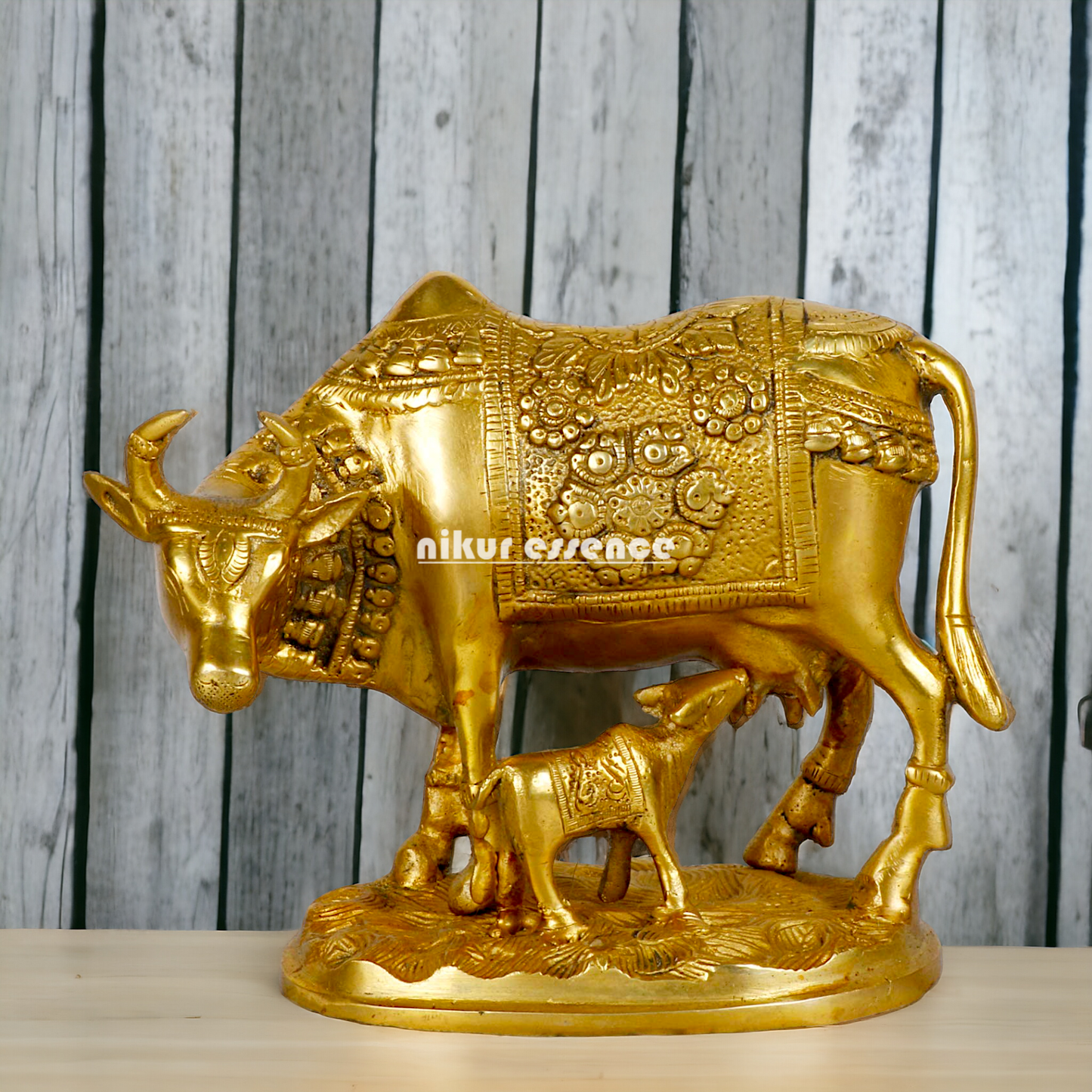 Pure Brass kamadhenu Cow with Calf Idol - 8 inches Nikuressence