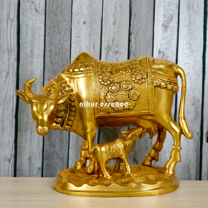 Pure Brass kamadhenu Cow with Calf Idol - 8 inches Nikuressence