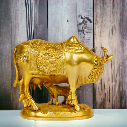 Pure Brass kamadhenu Cow with Calf Idol - 8 inches Nikuressence