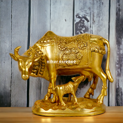Pure Brass kamadhenu Cow with Calf Idol - 8 inches Nikuressence