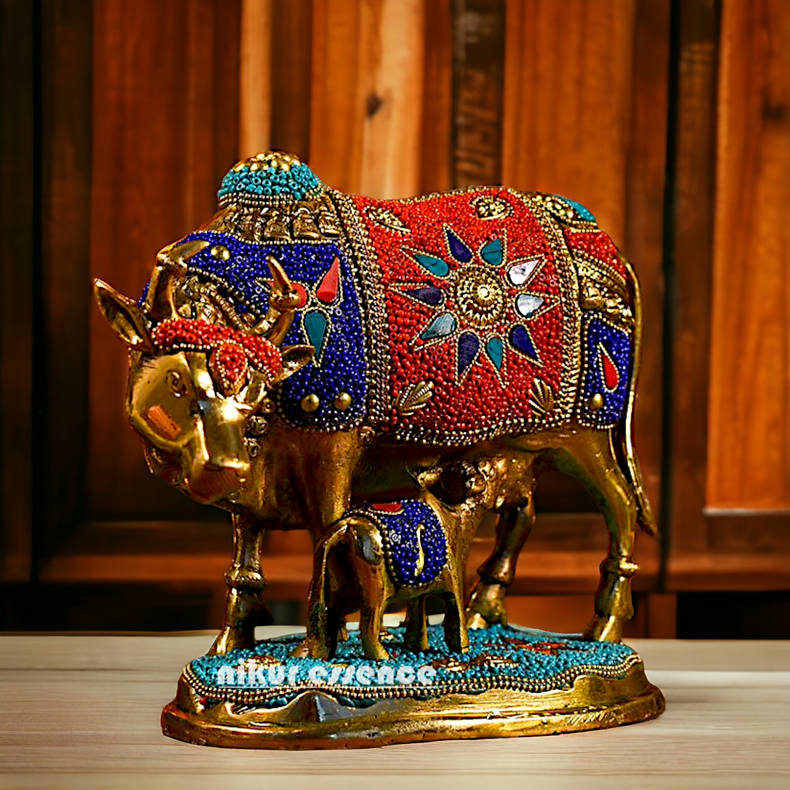 Buy Kamadhenu cow with calf Brass Stone work idol - 6 inches Nikuressence