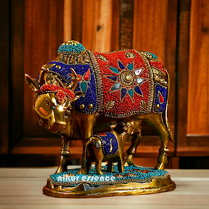 Buy Kamadhenu cow with calf Brass Stone work idol - 6 inches Nikuressence