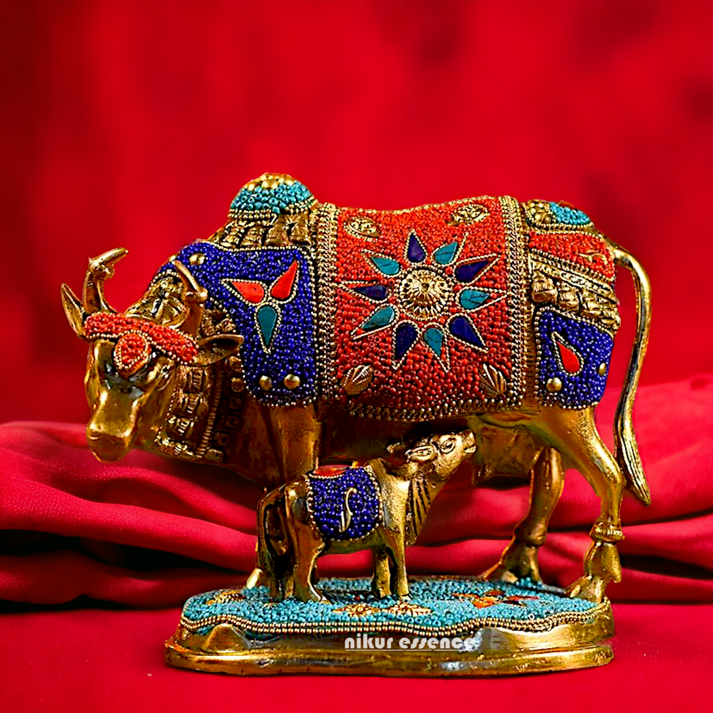Buy Kamadhenu cow with calf Brass Stone work idol - 6 inches Nikuressence