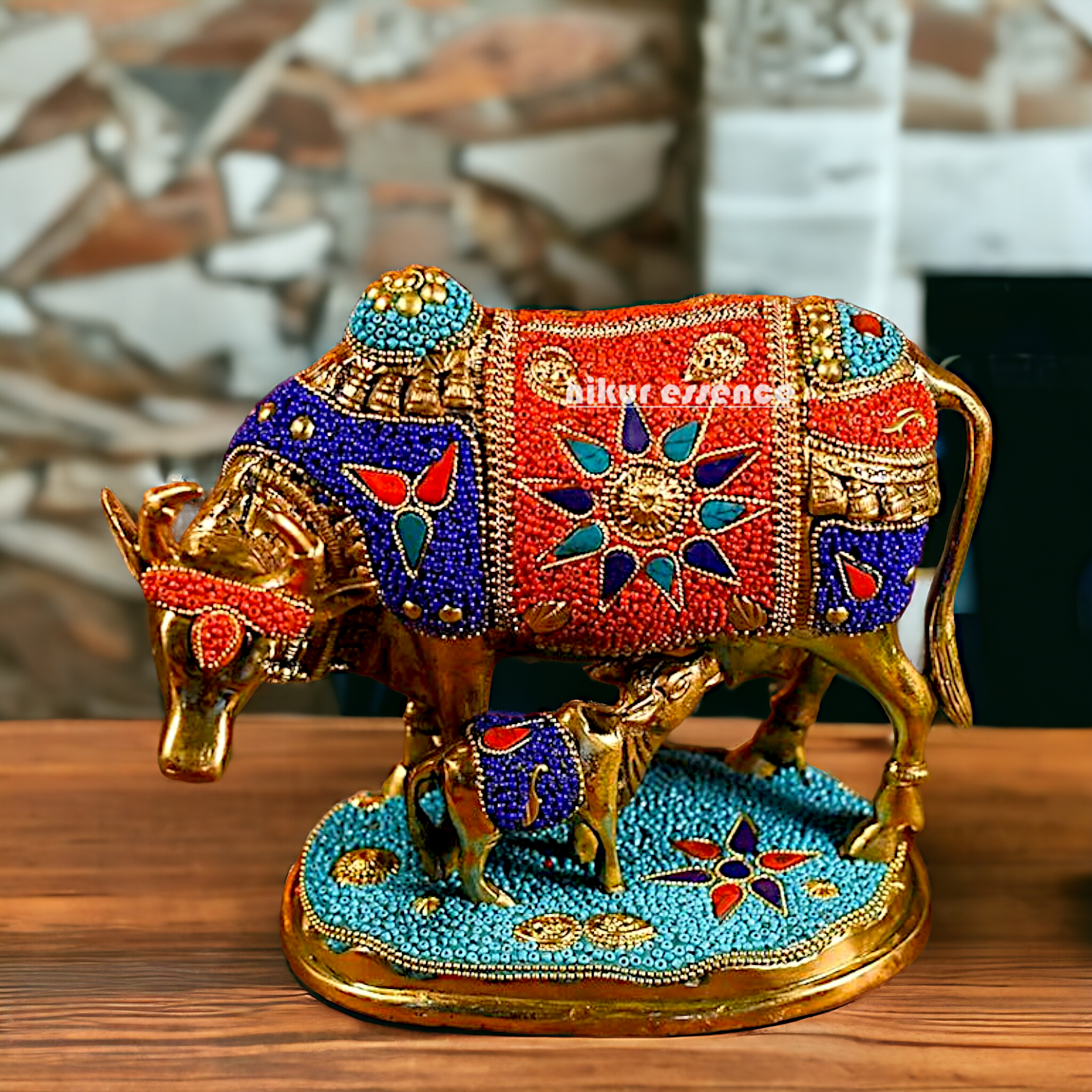 Buy Kamadhenu cow with calf Brass Stone work idol - 6 inches Nikuressence