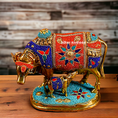 Buy Kamadhenu cow with calf Brass Stone work idol - 6 inches Nikuressence