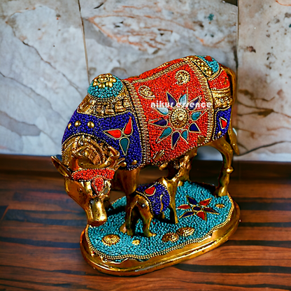 Buy Kamadhenu cow with calf Brass Stone work idol - 6 inches Nikuressence