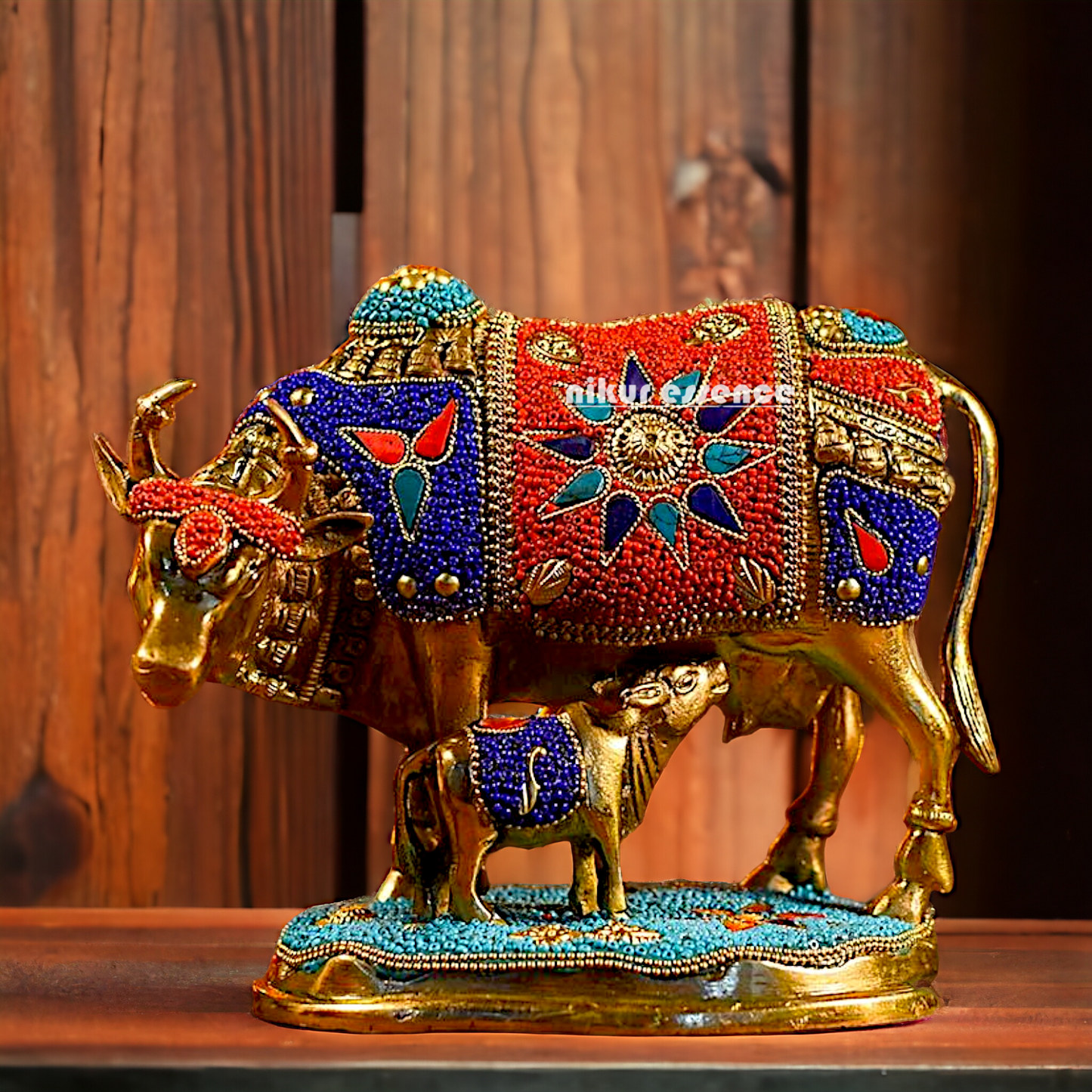 Buy Kamadhenu cow with calf Brass Stone work idol - 6 inches Nikuressence