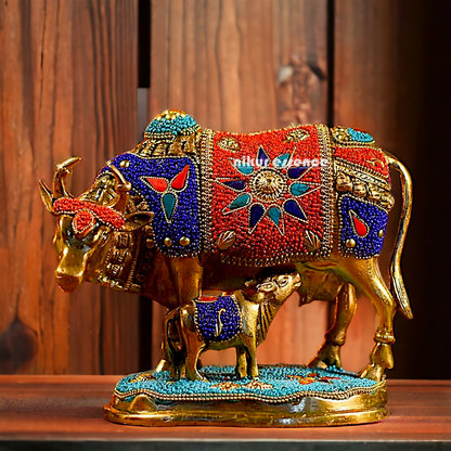 Buy Kamadhenu cow with calf Brass Stone work idol - 6 inches Nikuressence