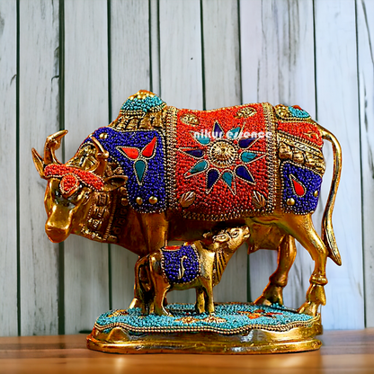 Buy Kamadhenu cow with calf Brass Stone work idol - 6 inches Nikuressence