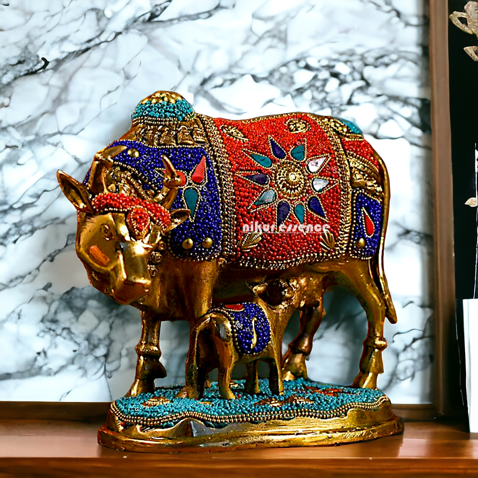 Buy Kamadhenu cow with calf Brass Stone work idol - 6 inches Nikuressence