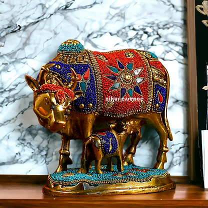 Buy Kamadhenu cow with calf Brass Stone work idol - 6 inches Nikuressence
