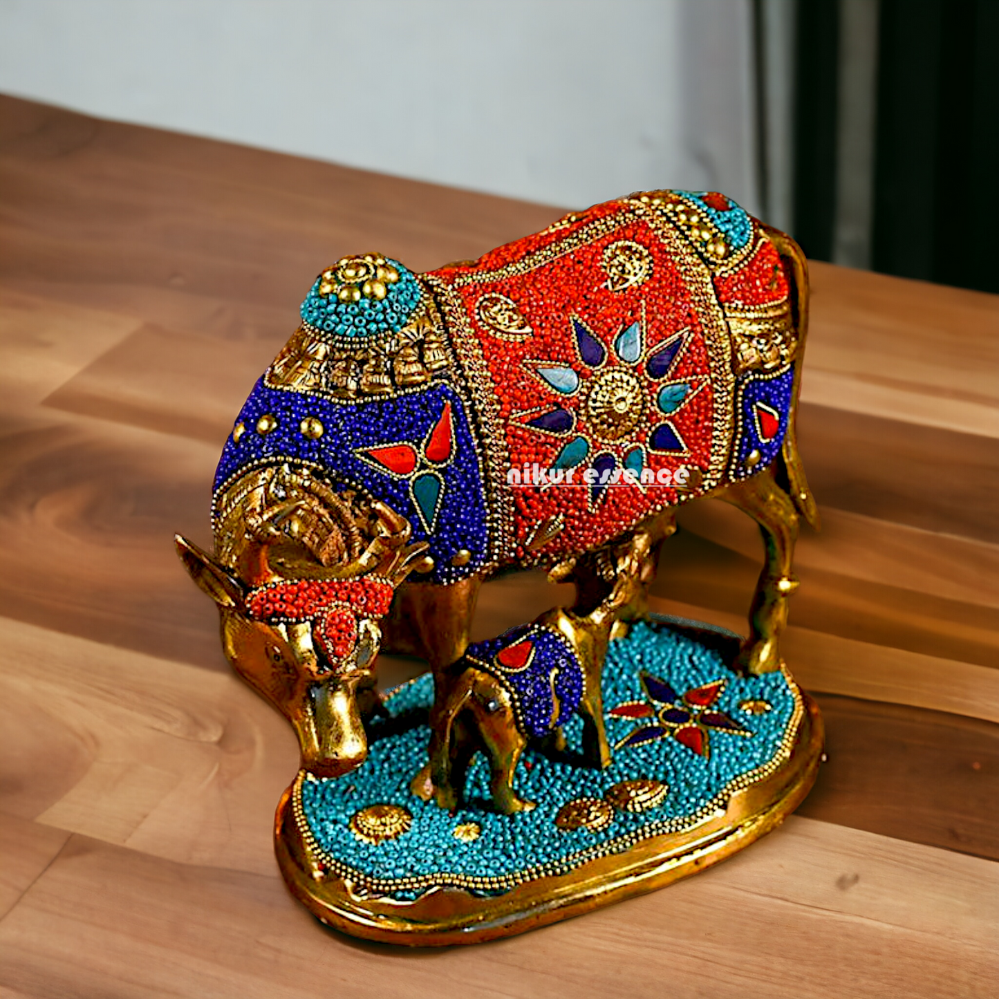 Buy Kamadhenu cow with calf Brass Stone work idol - 6 inches Nikuressence