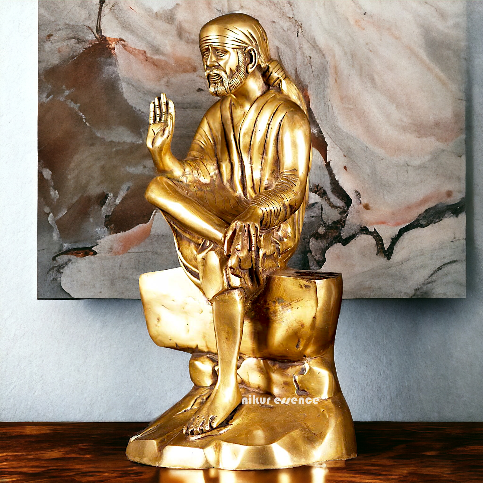 Pure Brass Sai Baba Sitting on Stone idol - 12 inches Nikuressence