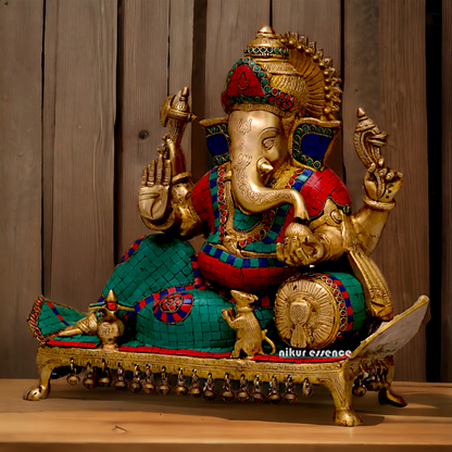 Brass Ganesha on Sofa with Stone Work idol - 19 inches Nikuressence