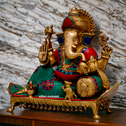 Brass Ganesha on Sofa with Stone Work idol - 19 inches Nikuressence