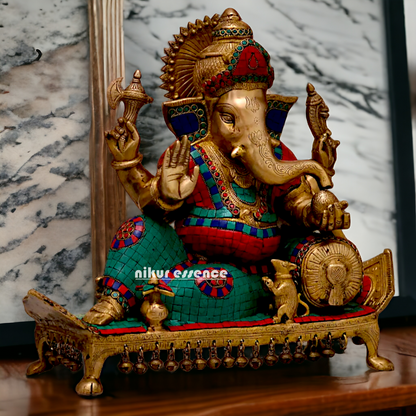 Brass Ganesha on Sofa with Stone Work idol - 19 inches Nikuressence
