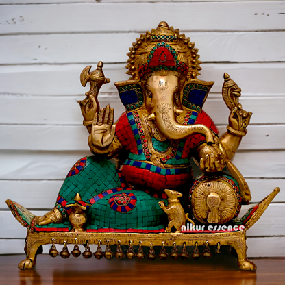 Brass Ganesha on Sofa with Stone Work idol - 19 inches Nikuressence