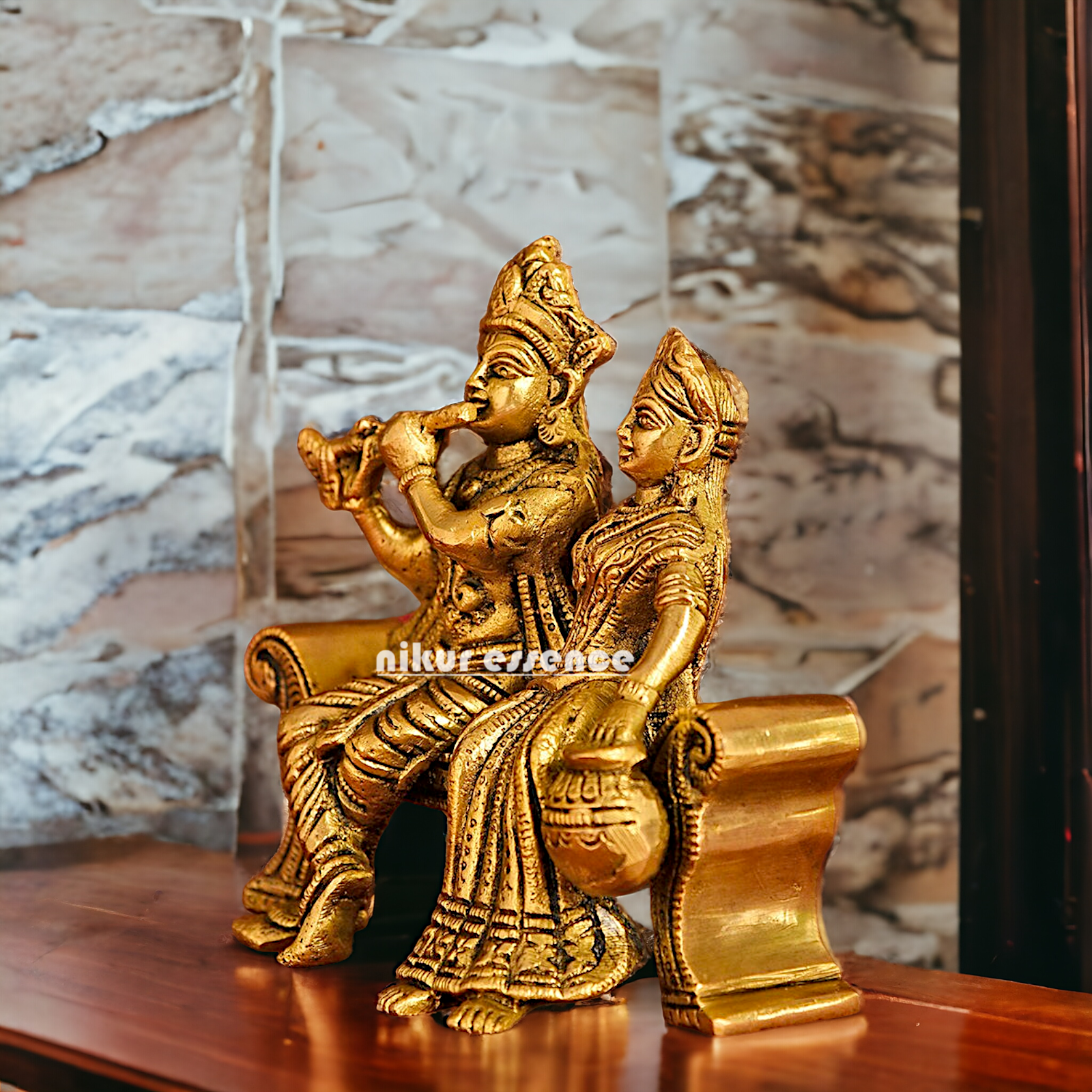 Lord Radha Krishna Sitting on Sofa brass Idol - 6 inches Nikuressence