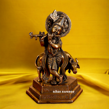 Lord Krishna Playing flute brass idol - 10 inches Nikuressence