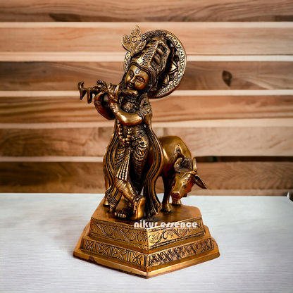 Lord Krishna Playing flute brass idol - 10 inches Nikuressence