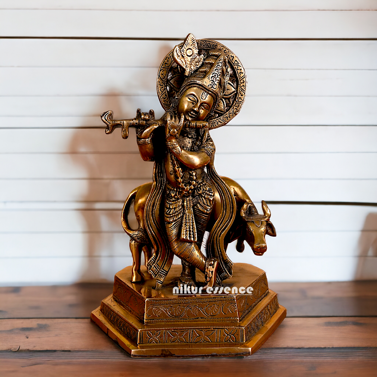 Lord Krishna Playing flute brass idol - 10 inches Nikuressence