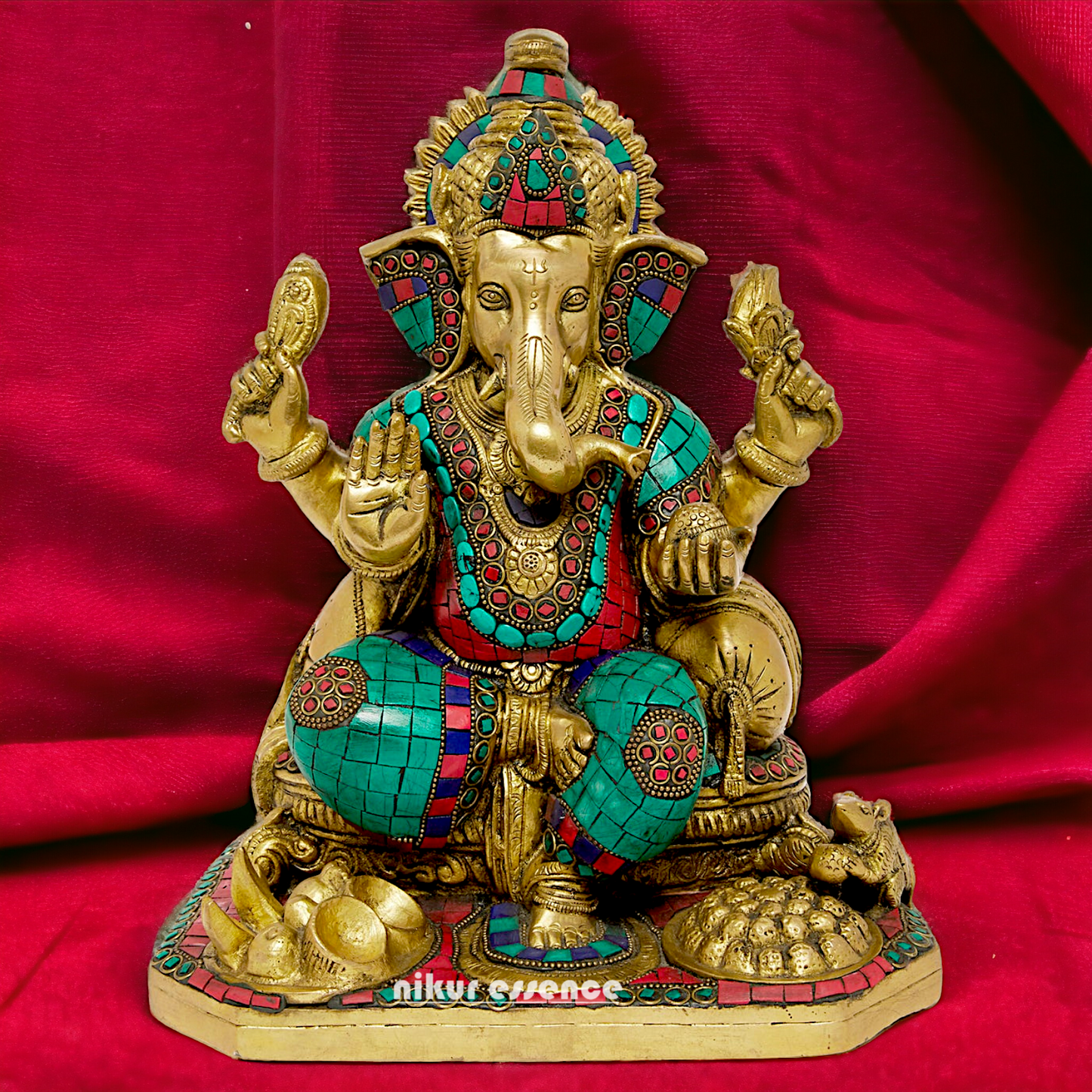 Brass Ganesh Ganpati Sitting with Stone Work idol - 12 inches Nikuressence