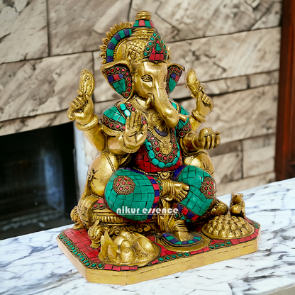 Brass Ganesh Ganpati Sitting with Stone Work idol - 12 inches Nikuressence