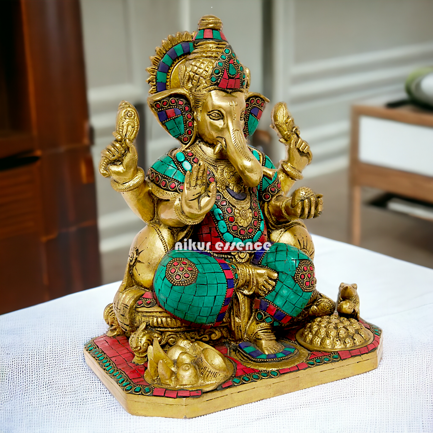 Brass Ganesh Ganpati Sitting with Stone Work idol - 12 inches Nikuressence