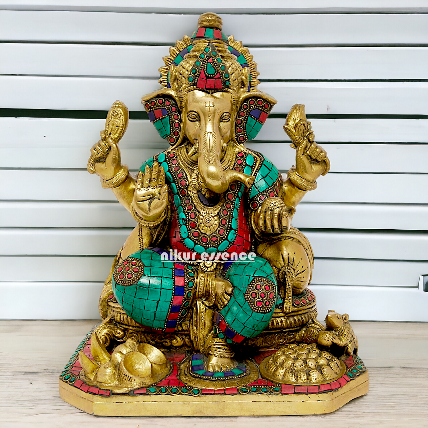 Brass Ganesh Ganpati Sitting with Stone Work idol - 12 inches Nikuressence