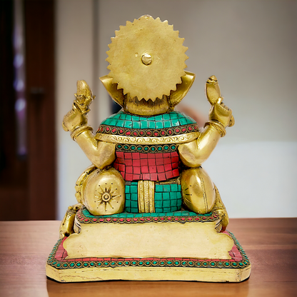 Brass Ganesh Ganpati Sitting with Stone Work idol - 12 inches Nikuressence