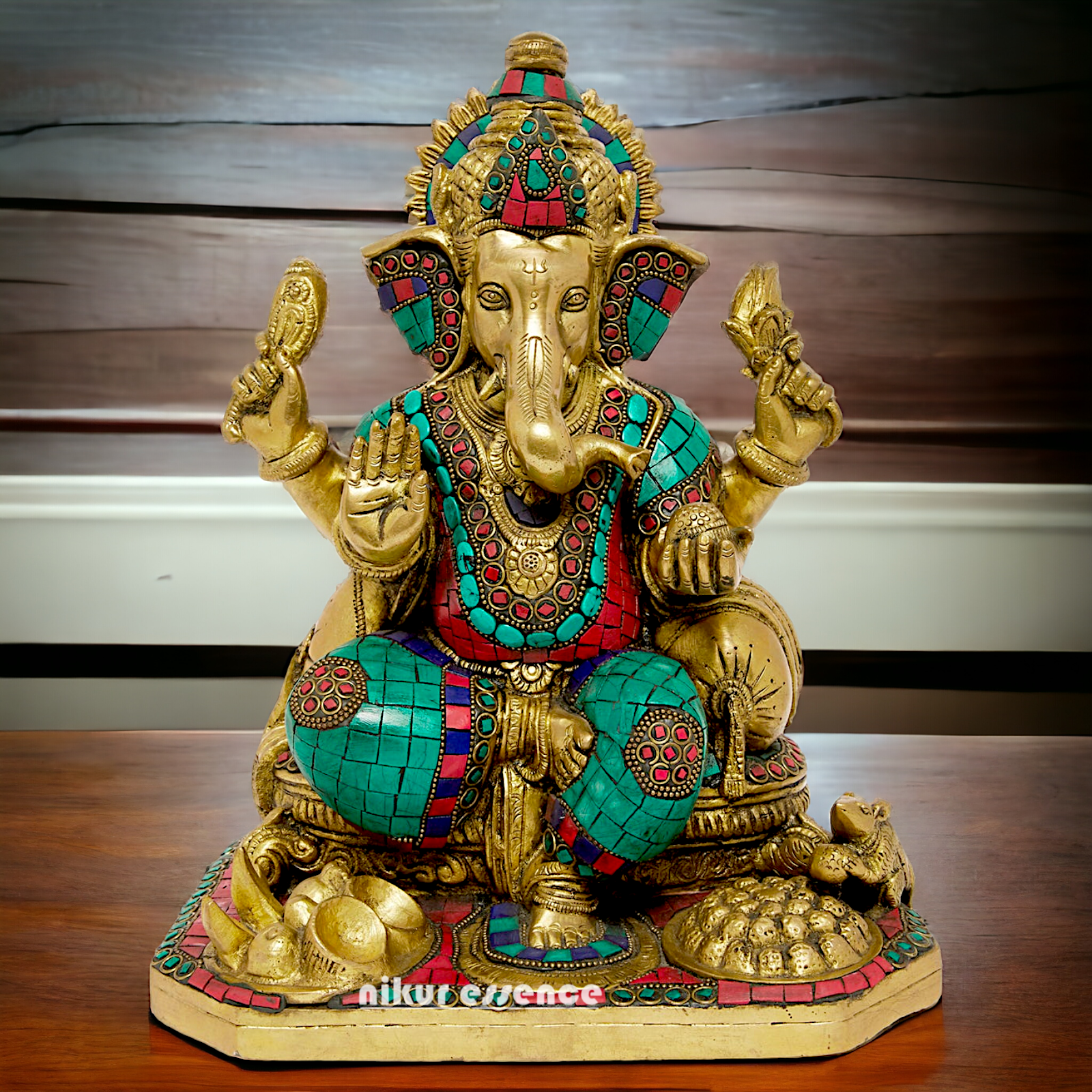 Brass Ganesh Ganpati Sitting with Stone Work idol - 12 inches Nikuressence
